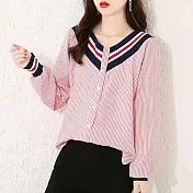 【MsMore】韓國減齡休閒V領拚色條紋氣質寬鬆上衣#110694- M 紅