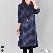 【ACheter】韓版棉麻大碼條紋長版襯衫#111130- M 藍