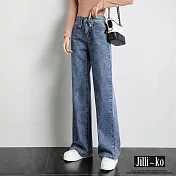 【Jilli~ko】鬆緊高腰直筒牛仔褲 M-XL J8538　 L 淺藍色