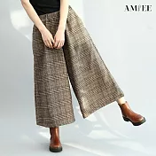 【AMIEE】格紋毛呢休閒七分寬褲(KDP-6038) FREE 咖啡色