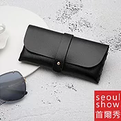 seoul show首爾秀 2款便攜式卡扣卡帶太陽眼鏡盒手工皮質眼鏡包 卡扣款 黑