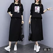【Jilli~ko】兩件套印花衛衣+束腰長裙套裝 1043　 M 黑色