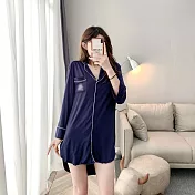 【唯蜜色】寬鬆慵懶刺繡睫毛圖案側高開衩設計居家長版襯衫式睡衣罩衫(三色M-4XL可選) XL 藍色