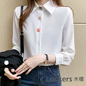 【Lockers 木櫃】春秋浪漫方塊扣雪紡襯衫-2色 L111022202 FREE 白色