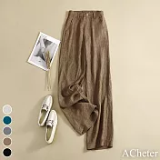 【ACheter】新款高腰後鬆緊垂感寬鬆顯瘦棉麻直筒寬褲#111932- XL 咖啡