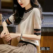 【Jilli~ko】舒適涼爽透氣強捻緹花紋理撞色針織T恤 J8725 FREE 杏色