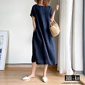 【Jilli~ko】純色日系棉麻感連衣裙 M-L J8084  M 深藍色