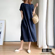 【Jilli~ko】純色日系棉麻感連衣裙 M-L J8084　 M 深藍色