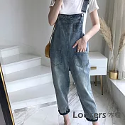 【Lockers 木櫃】春夏韓版寬鬆牛仔吊帶九分褲 L111030909 FREE 藍色