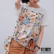 【Jilli~ko】春夏時尚印花拼接打結造型寬鬆棉質T恤 38981 FREE 杏色