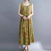 【ACheter】莫內花園大碼碎花收腰棉麻背心洋裝#112211- M 黃