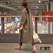 【Jilli~ko】中長亞麻感防曬外套大碼寬鬆薄款過膝開衫風衣 2928  FREE 卡其色