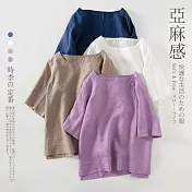 【慢。生活】亞麻感日系夏季圓領五分袖半袖T恤 8221　 XL 卡其色