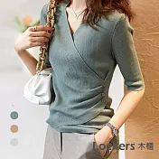 【Lockers 木櫃】春夏顯瘦V領五分袖針織上衣 L111040610 FREE 黯然綠