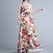 【ACheter】 南洋寬鬆印花無袖棉麻長洋裝# 112210 L 紅色