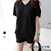 【Lockers 木櫃】夏季休閒跑步短袖短褲休閒套裝 L111041106 L 黑色