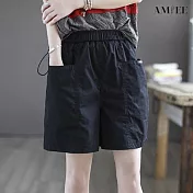 【AMIEE】輕薄舒適鬆緊棉麻短褲(KDP-0567) XL 黑色