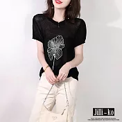 【Jilli~ko】夏季薄款簡約氣質刺繡顯瘦冰絲針織衫 J8895　 FREE 黑色