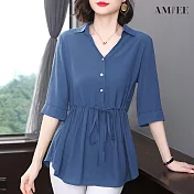 【AMIEE】中長版氣質修身顯瘦襯衫(KDT-8771) 2XL 寶藍