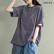【AMIEE】寬鬆休閒百搭居家上衣(KDT-4669) M 紫色條紋