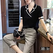 【Jilli~ko】小西領時尚感氣質撞色寬鬆針織衫 J8920  FREE 黑色