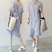 【慢。生活】韓國清新風後扭結露背中長款直條紋襯衫裙 M-L 238　 L 藍色