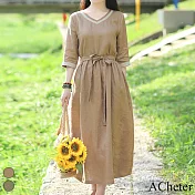 【ACheter】 踏青旅行棉麻文藝寬鬆V領洋裝# 112363 M 卡其色