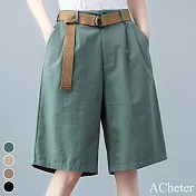 【ACheter】 斜紋棉純色寬鬆大碼休閒五分A字褲# 112610 M 綠色