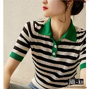 【Jilli~ko】新款POLO領配色條紋休閒百搭針織衫 J8960　 FREE 黑色