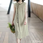 【ACheter】 棉麻感寬鬆顯瘦休閒無袖背心裙# 112362 M 卡其色
