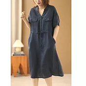 【ACheter】 氣質V領收腰顯瘦棉麻洋裝# 112739 M 深藍色
