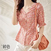 【初色】精緻圓點短袖襯衫上衣-橘粉色-61407(M-2XL可選) XL 橘粉色