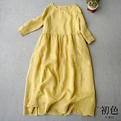 【初色】文藝圓領寬鬆七分袖純色連身洋裝-共3色-61726(M-2XL可選) XL 黃色