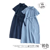 【初色】棉麻風繫帶短袖洋裝-共2色-61380(M-2XL可選) L 藏青色