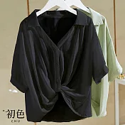 【初色】韓版設計感寬鬆顯瘦V領襯衫-共3色-61463(M-2XL可選) 2XL 黑色
