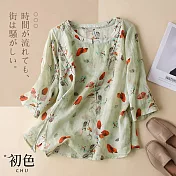 【初色】棉麻風五分袖碎花上衣-共2色-61606(M-2XL可選) XL 淺綠色