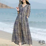 【初色】棉麻復古條紋寬鬆洋裝-藍色-61460(M-2XL可選) M 藍色