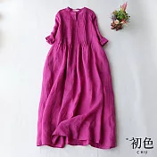 【初色】壓褶飄逸純色棉麻風洋裝-共4色-61725(M-2XL可選) M 玫紅色