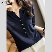 【初色】舒適五分袖薄款針織衫-共2色-60797(F可選) F 藏青色
