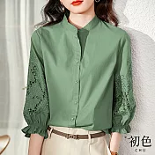 【初色】氣質繡花襯衫上衣-共3色-60811(M-2XL可選) 2XL 墨綠色