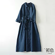 【初色】棉麻風繫帶洋裝-共2色-60679(M-2XL可選) L 藏青色