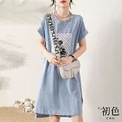 【初色】藝術圖案印花T恤連衣裙-藍色-61011(M-2XL可選) M 藍色