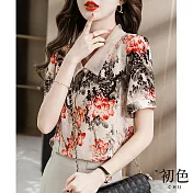 【初色】網紗翻領復古印花雪紡衫-膚色-60530(M-2XL可選) L 膚色