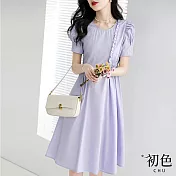 【初色】時尚輕薄純色韓版寬鬆圓領短袖連身洋裝-紫色-61842(M-2XL可選) XL 紫色