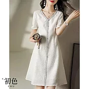 【初色】優雅純色泡泡袖V領洋裝-白色-61880(M-2XL可選) M 白色