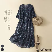 【ACheter】 復古文藝休閒印花寬鬆棉麻洋裝# 112862 XL 藍色