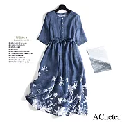 【ACheter】 印花飛舞系帶收腰短袖洋裝# 112942 L 藍色