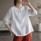 【ACheter】 日系公主拼接蕾絲邊棉麻七分袖上衣# 113008 M 白色