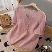【初色】簡約棉麻風中大碼寬鬆短袖襯衫上衣-共4色-62212(M-2XL可選) 2XL 粉色