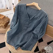 【初色】簡約棉麻風中大碼寬鬆短袖襯衫上衣-共4色-62212(M-2XL可選) 2XL 藍色